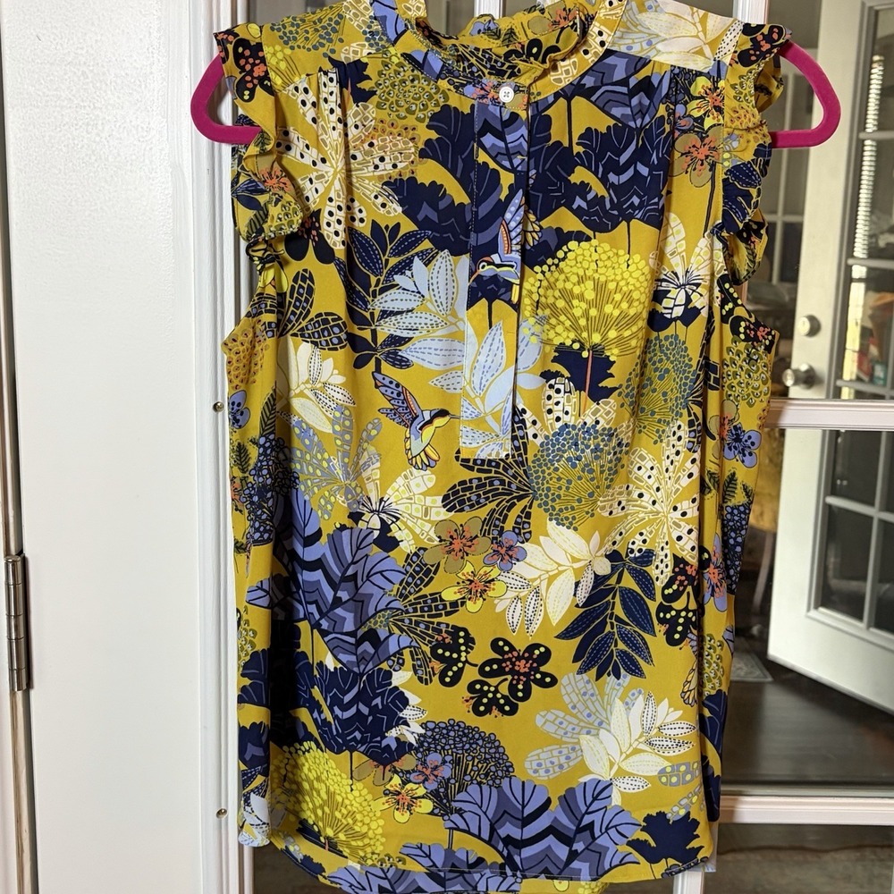 Loft Floral Hummingbird Ruffle Sleeve Neck Small Cottage Dopamine